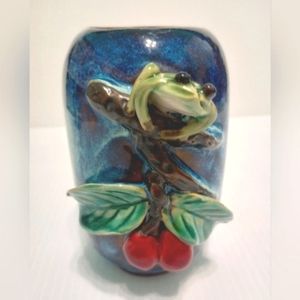 Vintage Drip Glaze Frog on Olive Branch Vase